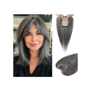 100% Real Human Hair Topper 10" Clip in Bangs Silver Gray Brown Mix 150% Density